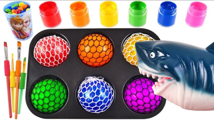 Satisfying Video l How to make Rainbow Glitter Balls into Paint & Skittles w Shark Cutting ASMR #19