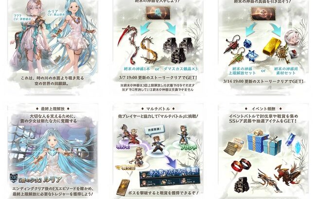 【グラブル】『星のおとし子、空のいとし子』回顧録公開！ED後にルリアが最終！3/7に終末か骸晶3個との交換トレジャー,3/14終末解放セットか素材セットが報酬に