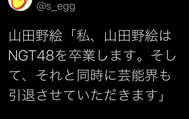 【速報】NGT48山田野絵が卒業発表！芸能界引退も発表！！！！！