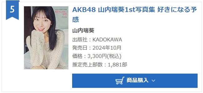 【AKB48】山内瑞葵1st写真集「好きになる予感」2週目売上1,881部【ずっきー】