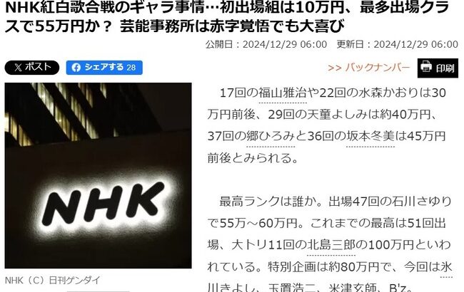 NHK紅白歌合戦のギャラ事情…初出場組は10万円、最多出場クラスで55万円か？ 芸能事務所は赤字覚悟でも大喜び！！！