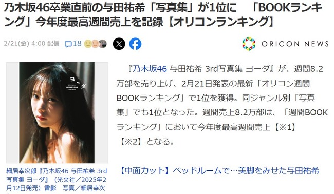 乃木坂46卒業直前の与田祐希「写真集」が1位に！今年度最高週間売上を記録！！【与田祐希 3rd写真集ヨーダ】