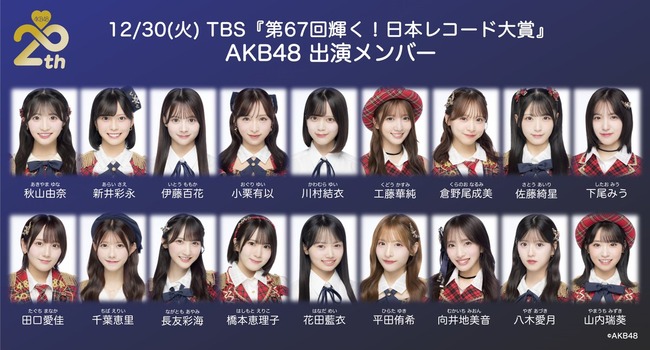 【AKB48】『第67回輝く！日本レコード大賞』出演メンバー決定！！！