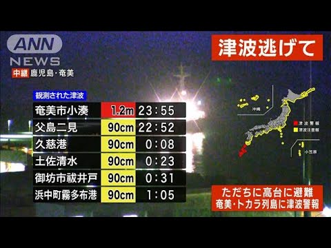 高台に避難して！　奄美市で1.2mの津波観測　奄美群島とトカラ列島に津波警報　(2022年1月16日)