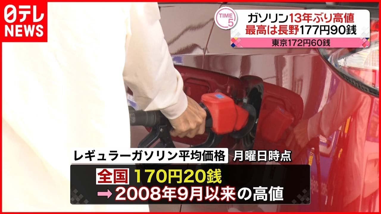 【ガソリン】全国平均価格13年ぶりの高値 高止まり続く見通し