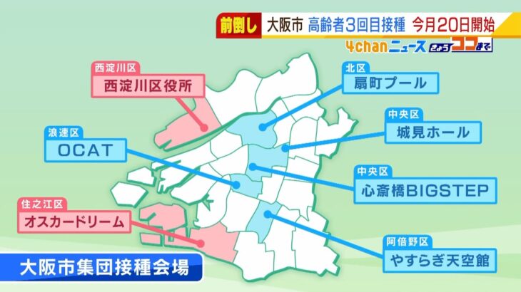 大阪市は１月２０日から実施『６５歳以上へのワクチン３回目接種』接種会場は７か所（2022年1月11日）