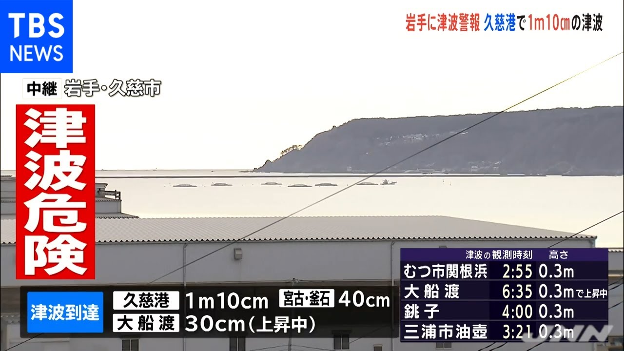 岩手に津波警報 久慈港で１ｍ１０ｃｍの津波