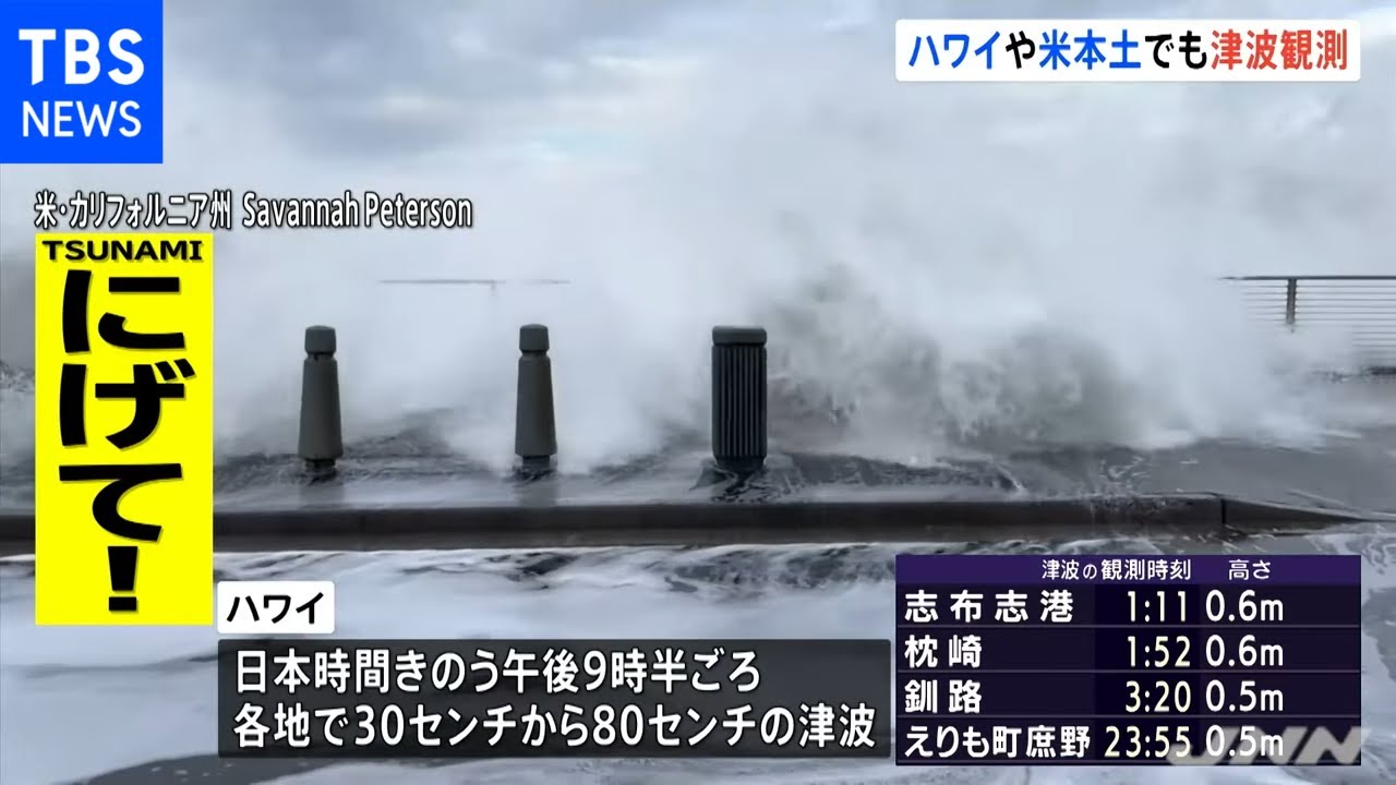 ハワイや米本土でも津波観測