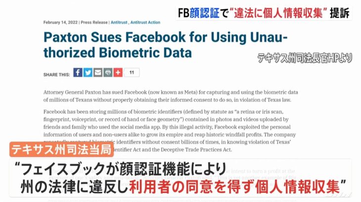 テキサス州がIT大手メタ提訴「顔認証で違法に個人情報収集」