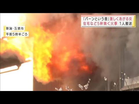 激しくあがる炎・・・住宅など5軒焼く火事で1人搬送　新潟・五泉市(2022年3月30日)