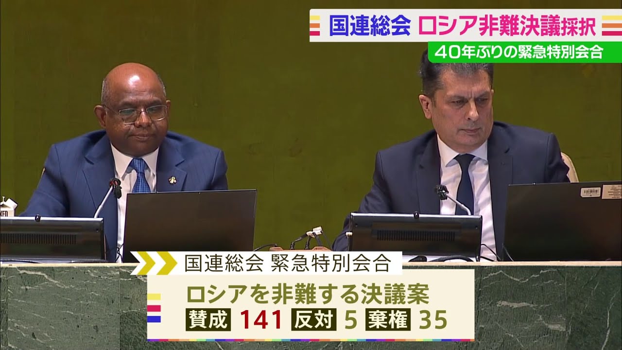 国連総会でロシア非難決議採択