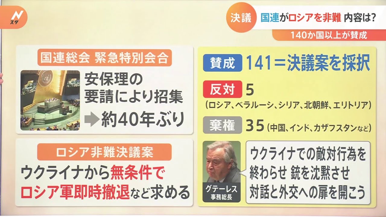 【解説】国連総会で「ロシア非難決議」採択、これで「侵攻」終わるのか？