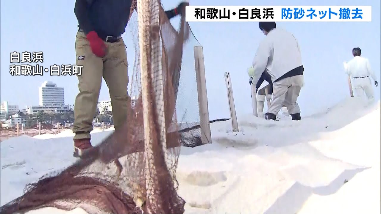 春の訪れ　和歌山・白良浜海水浴場の防砂ネットを撤去　海開き時期はコロナ状況で判断（2022年3月16日）