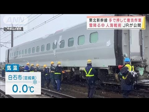 東北新幹線　手で押して撤去作業　雪降る中の人海戦術　JRが公開(2022年3月23日)