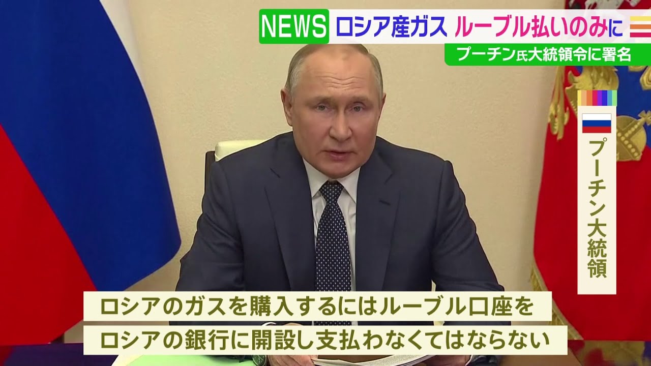 ロシア産天然ガス「ルーブル払い」大統領令に署名 プーチン氏