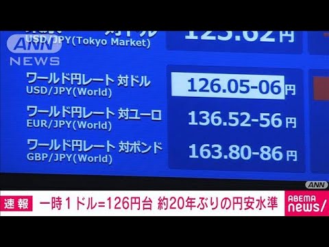 【速報】円安進み1ドル126円台　約20年ぶりの水準(2022年4月13日)