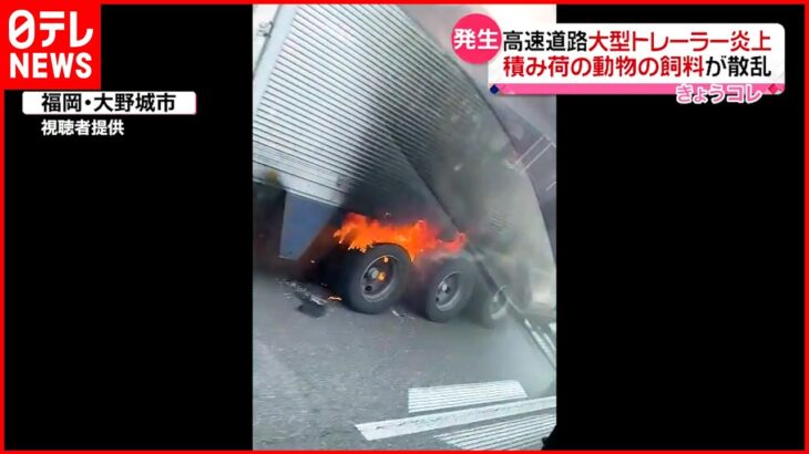 【大型トレーラー”炎上”】積み荷の飼料散乱 福岡都市高速道路