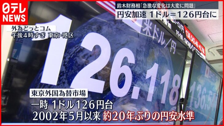 【円安加速】約２０年ぶり１ドル１２６円台 東京外国為替市場