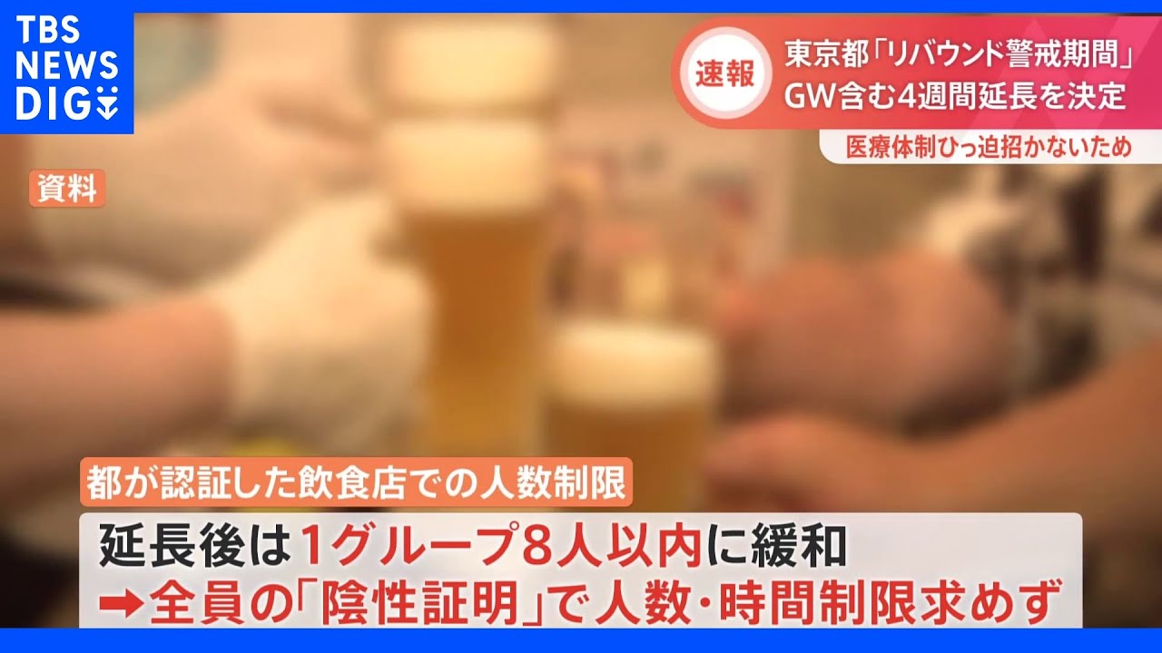 東京都 リバウンド警戒期間を1か月延長 飲食店人数制限は4人から8人に緩和を発表|TBS NEWS DIG