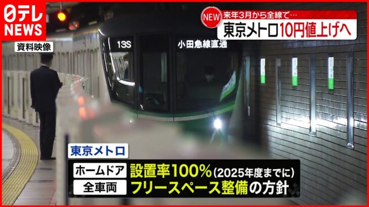 【東京メトロ】来年３月から全線で運賃１０円値上げ