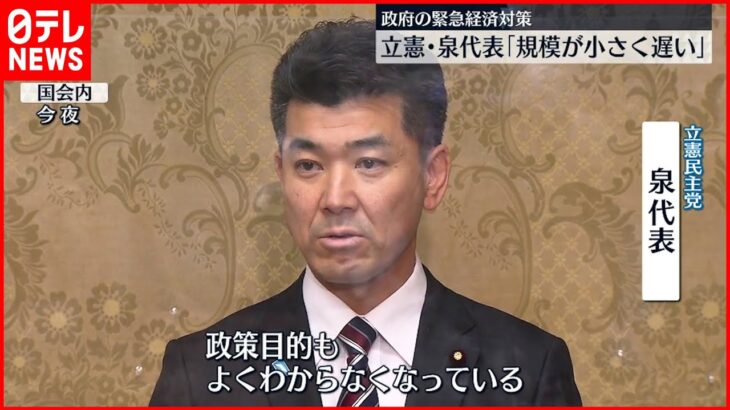 【立憲民主党】泉代表「規模が小さく遅い」 政府の緊急経済対策を批判