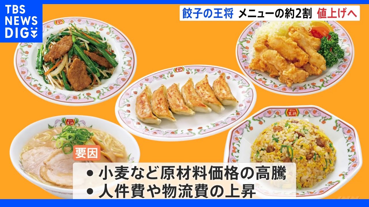 「餃子の王将」メニューの約2割値上げへ 東日本で餃子が税抜き260円に|TBS NEWS DIG