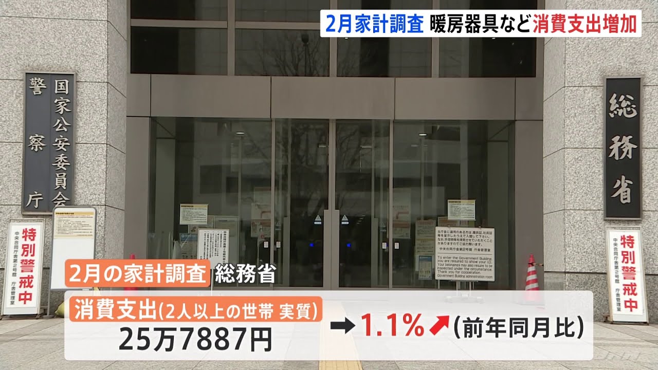 今年2月家計調査 寒さ厳しく暖房器具など消費支出は増加