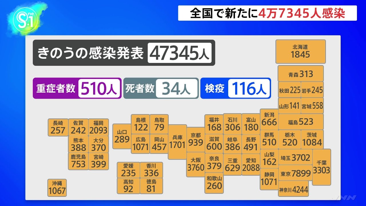 新型コロナ、全国で4万7345人感染 34人死亡