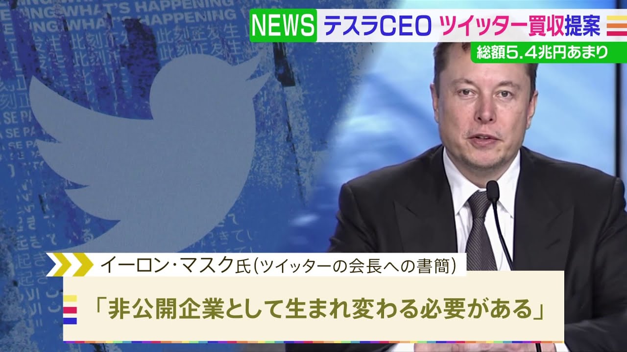 テスラCEOイーロン・マスク氏 5.4兆でツイッター買収を提案
