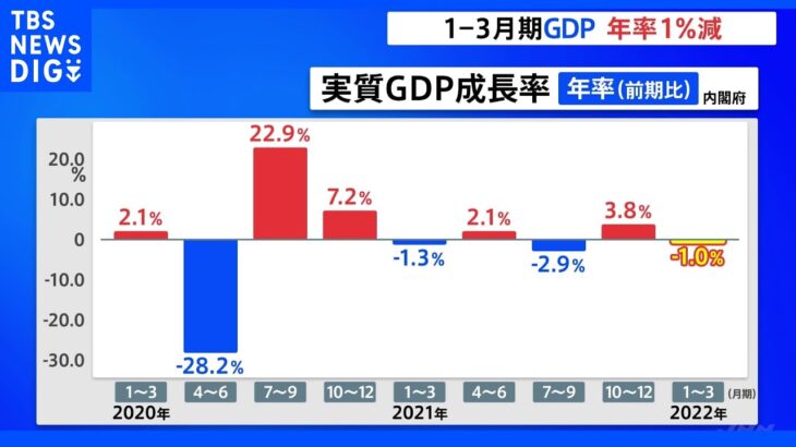 1－3月期GDP　年率1.0％減　2四半期ぶりマイナス成長｜TBS NEWS DIG