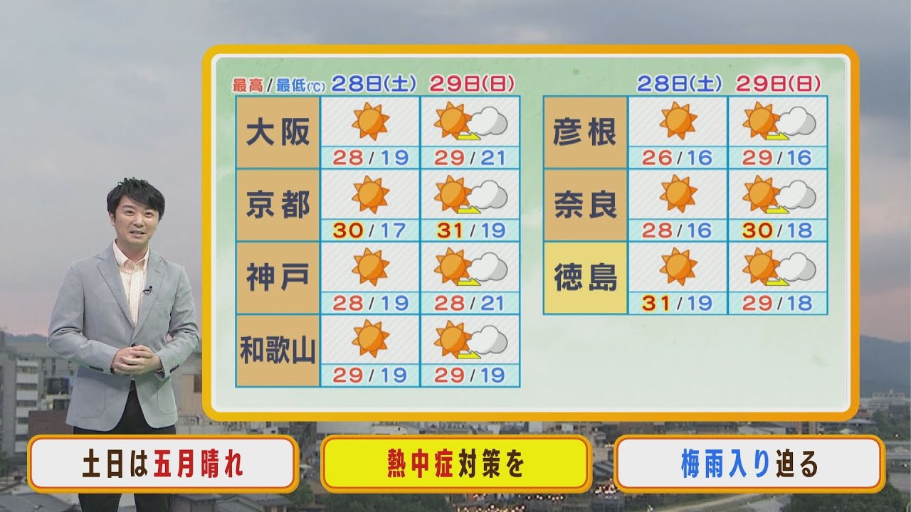 【5月28日(土)】土日は梅雨入り前の「洗濯・掃除日和」に！熱中症には注意を【近畿地方】