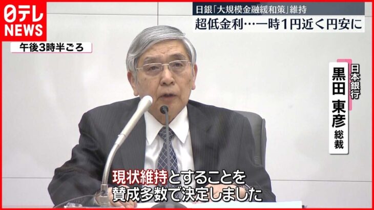 【日銀】「大規模緩和策」を維持 為替相場は一時1円近く円安に