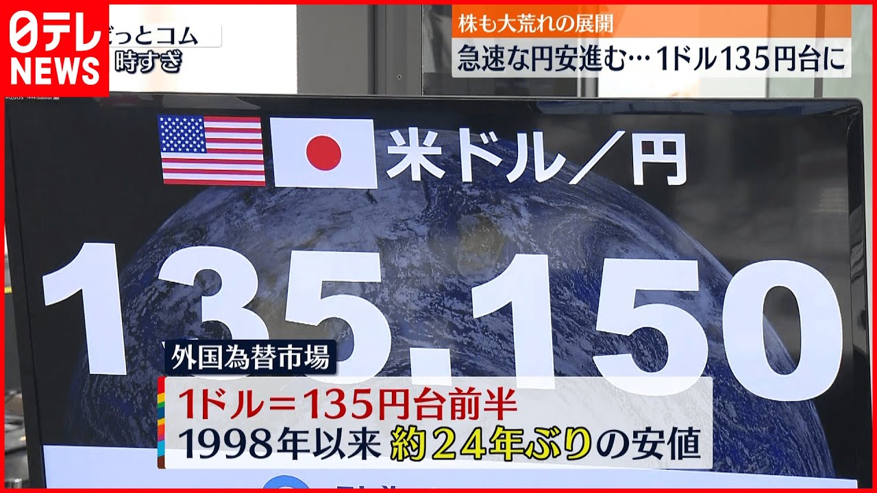 【円安】1ドル135円台 24年ぶり円安ドル高水準に