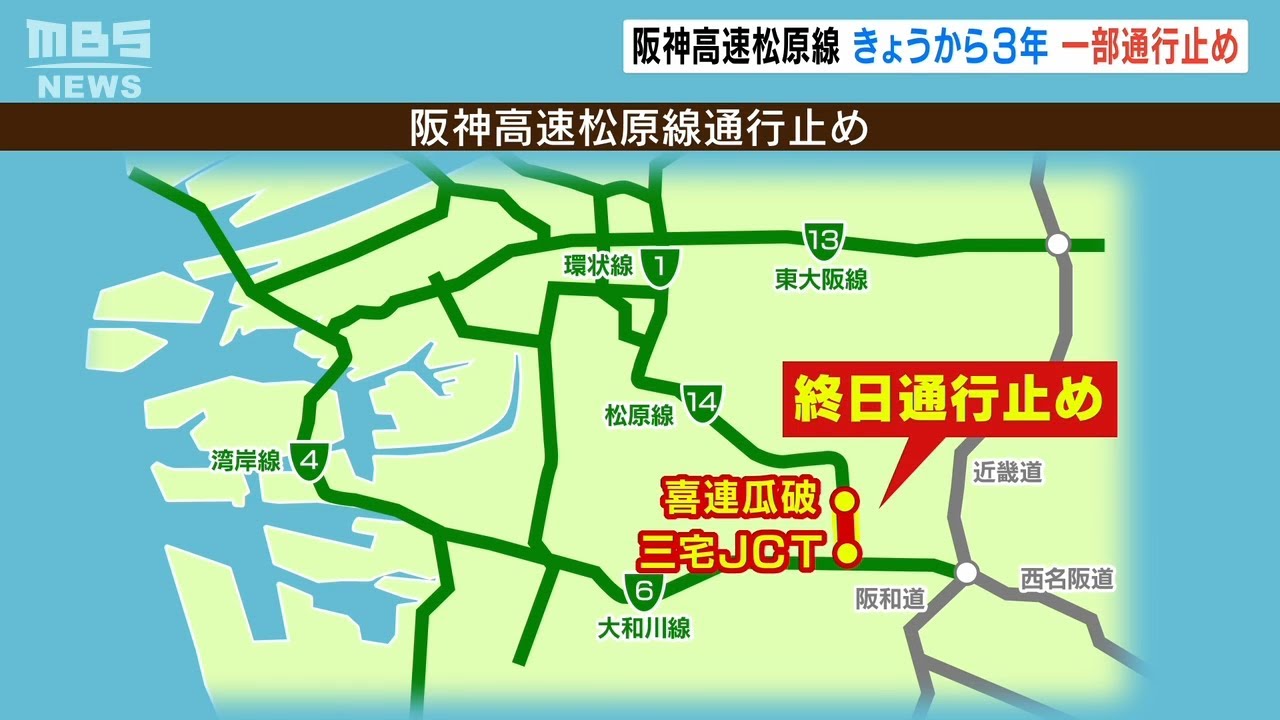 阪神高速１４号松原線の一部区間が３年間通行止めに…周辺ですでに約４ｋｍの渋滞（2022年6月1日）