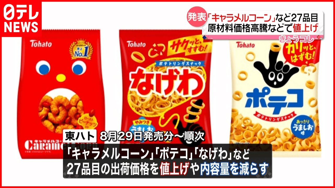 【東ハト】「キャラメルコーン」「ポテコ」など 27品目値上げへ
