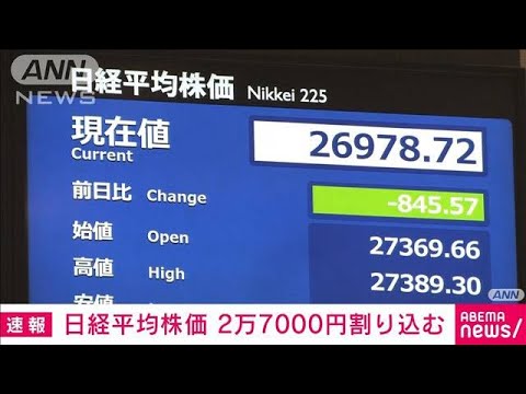 【速報】日経平均株価　2万7000円割り込む　約2週間ぶり(2022年6月13日)