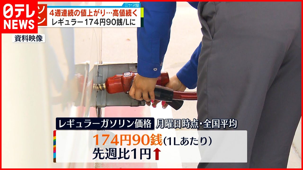 【レギュラーガソリン】4週連続の値上がり 13年半ぶりの高値続く