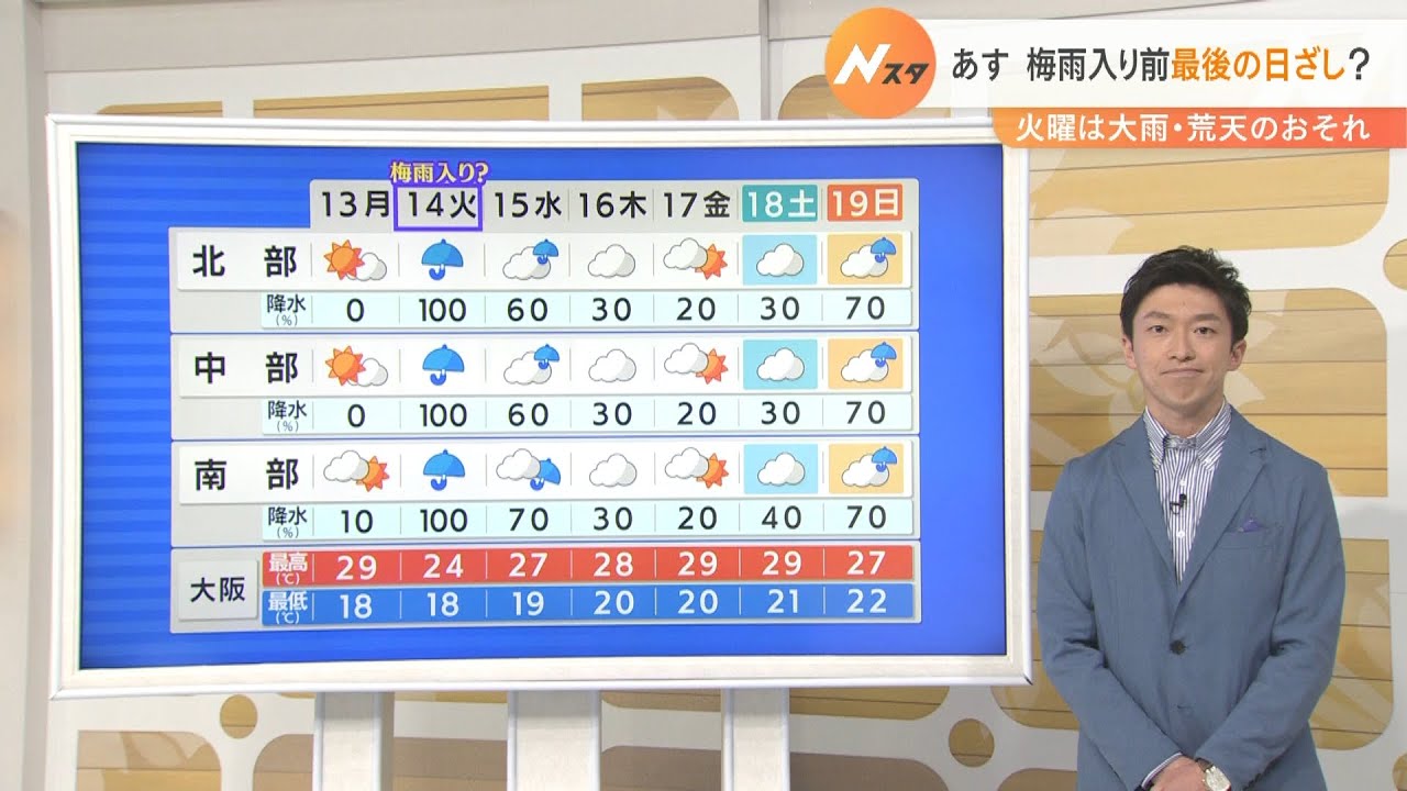 【6月13日(月)】梅雨入り迫る近畿 月曜の日ざしは貴重なものに 火曜は大雨のおそれ【近畿地方】