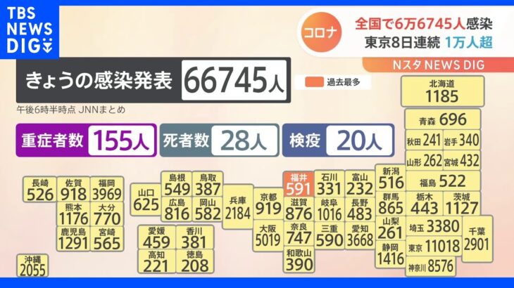 新型コロナ全国で6万6745人感染　東京は8日連続で1万人超え｜TBS NEWS DIG