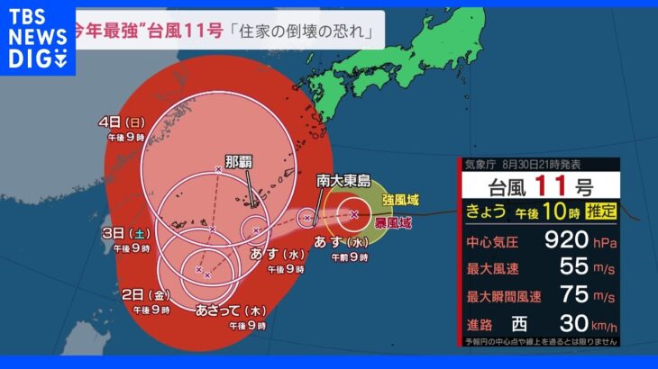 「猛烈」な勢力　台風11号　予想される最大瞬間風速は75メートルに引き上げ　記録的な暴風となるおそれ｜TBS NEWS DIG