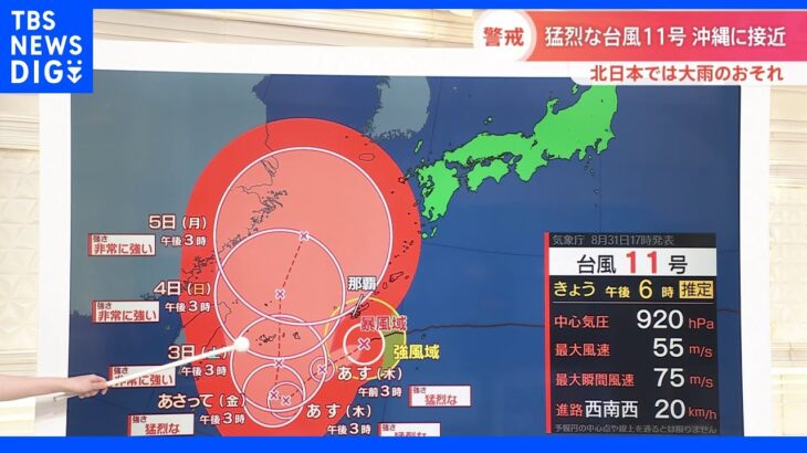 猛烈な台風11号は沖縄付近で停滞し北上の見通し　今後のポイントを國本未華気象予報士が解説｜TBS NEWS DIG
