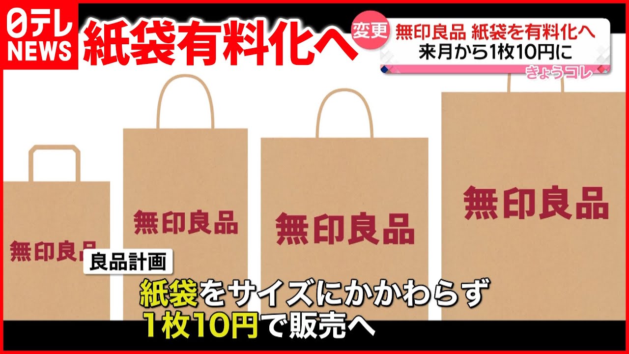 【1枚10円に】「無印良品」紙製のショッピングバッグ有料化へ 9月1日から