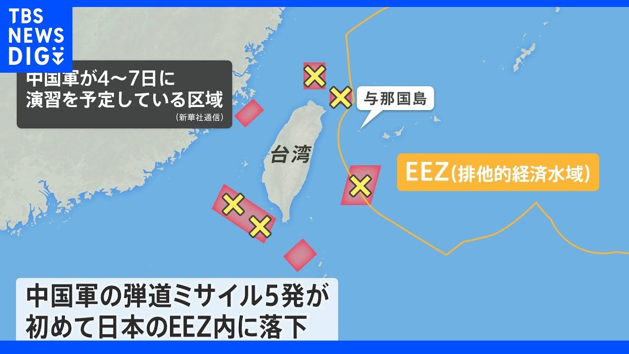 中国の“台湾包囲”軍事演習2日目　不満の矛先は日本にも　弾道ミサイル5発が日本のEEZに落下｜TBS&nbsp;NEWS&nbsp;DIG
