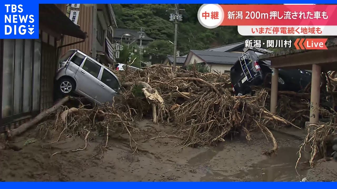 新潟では「大雨特別警報」から「大雨警報」に切り替え　住宅に乗り上げる車、商店に流れ込む流木…見えてきた被害の状況【記者中継】｜TBS&nbsp;NEWS&nbsp;DIG