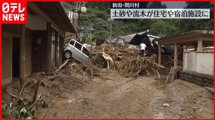 【記録的大雨】大規模な土砂崩れ 土砂や流木が住宅や宿泊施設に… 新潟・関川村