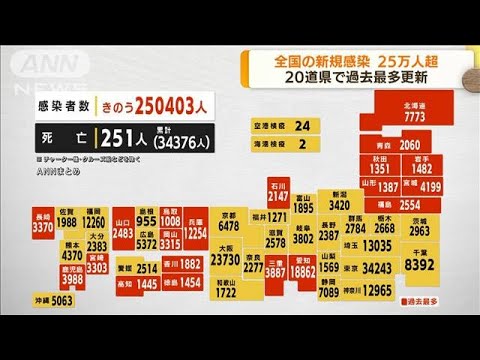 新型コロナ新規感染者　全国で25万人超　過去最多(2022年8月11日)