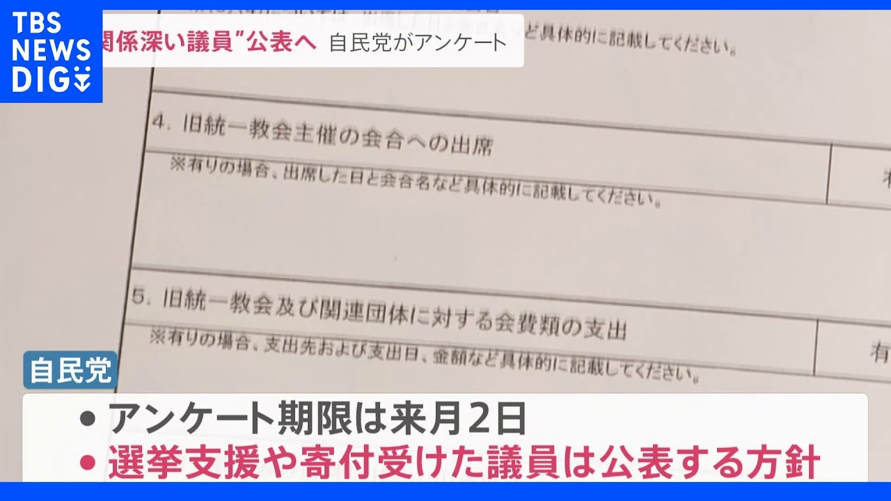 “関係深い”議員は公表へ…自民が旧統一教会問題で国会議員にアンケート　選挙支援・会合出席・寄付など8項目調査｜TBS&nbsp;NEWS&nbsp;DIG