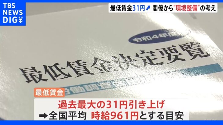 最低賃金過去最大の31円引き上げ 閣僚からは中小企業などの賃上げを支援する考え｜TBS NEWS DIG