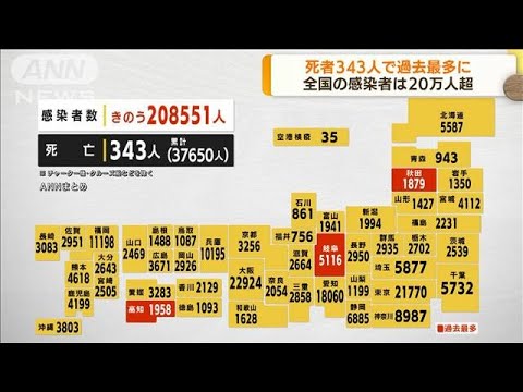 全国で343人　新型コロナの死者数が過去最多に(2022年8月24日)