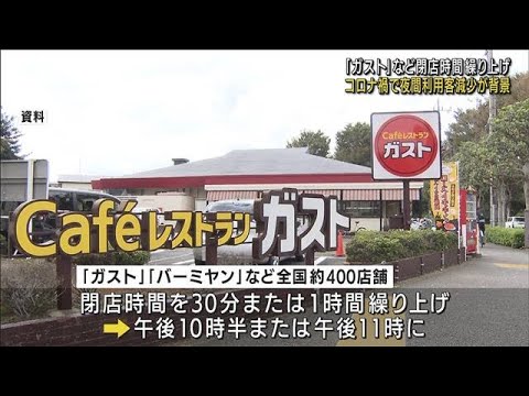 ガストやバーミヤンなど400店舗で閉店時間繰り上げ　コロナ禍で夜間の利用客減少(2022年8月29日)